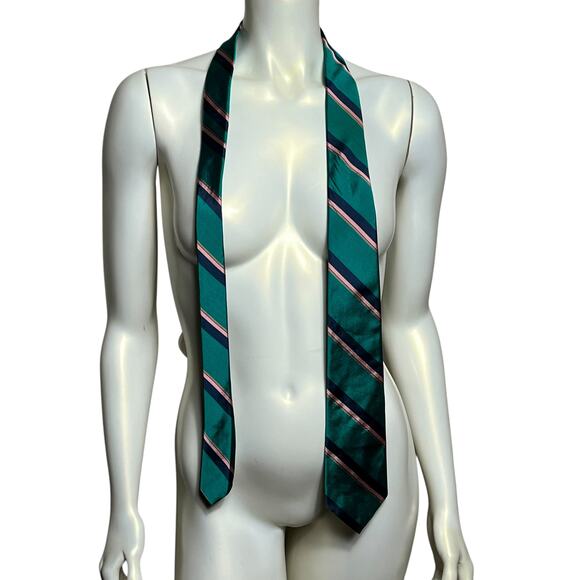 Vintage Christian Dior Teal Blue Pink Striped All Silk Neck Tie Made in USA - Picture 8 of 10